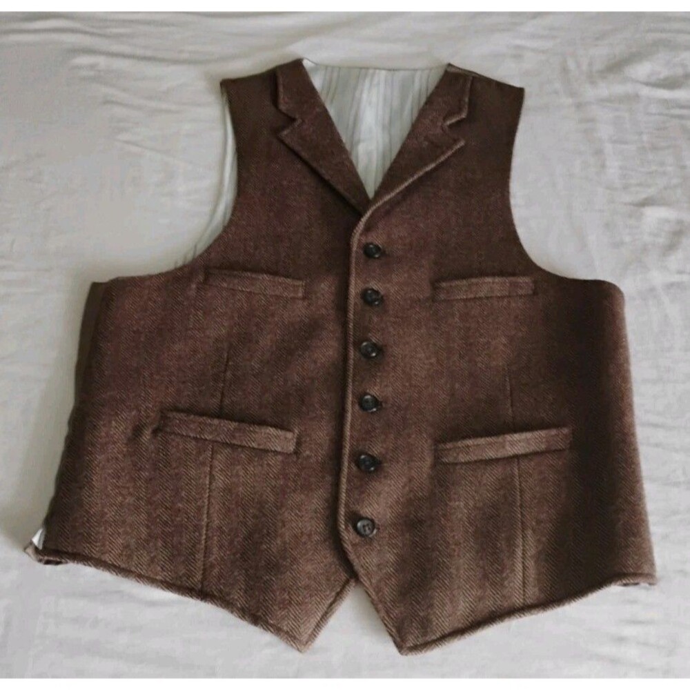Men's Vest Waistcoat Herringbone Wool Brown Tweed English Inspired EUC Sz S